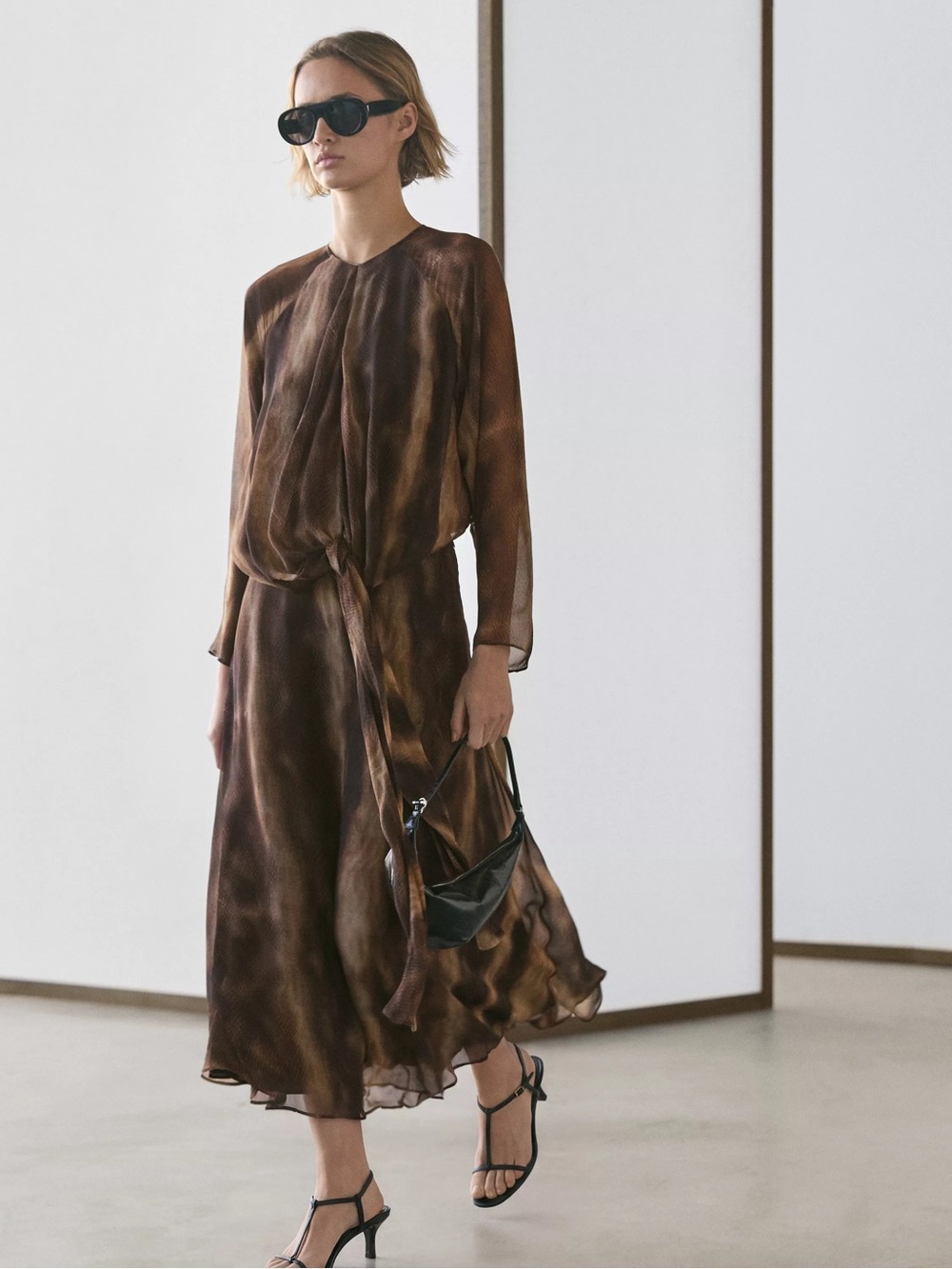 Massimo Dutti Flowing Brown Animal Print Long-Sleeve Tie-Waist Maxi Dress
